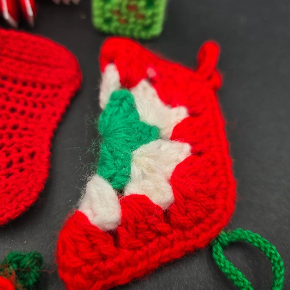 Vintage Handmade Crochet Plastic Canvas Christmas Ornament Lot 10pc Stocking